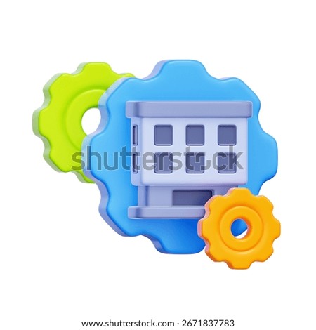 3D icon of a building with interlocking gears For good corporate governance, operational efficiency, sustainable business structure, industrial management.