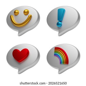 3D Icon Bundle Pack Bubble Heart, Heart, Smile, Exclamation Point White Background