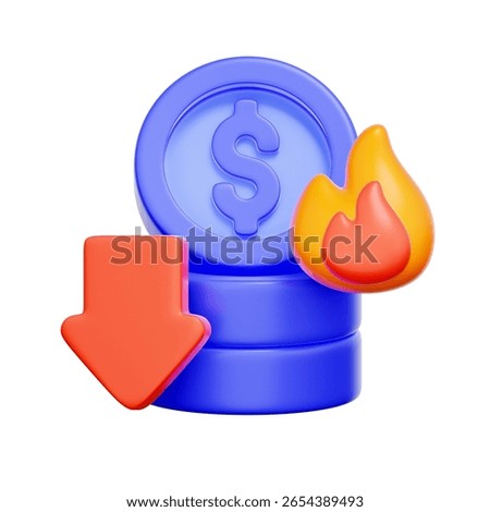 3D icon of a burning stack of coins with a downward arrow For high cash burn rate, currency devaluation, hyperinflation, investment loss.