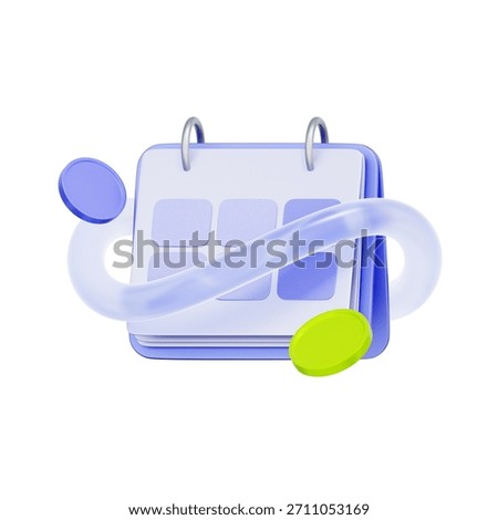 3D icon of a calendar with an infinity loop and coins For fiscal year planning, continuous revenue, financial cycle, and budget schedule.