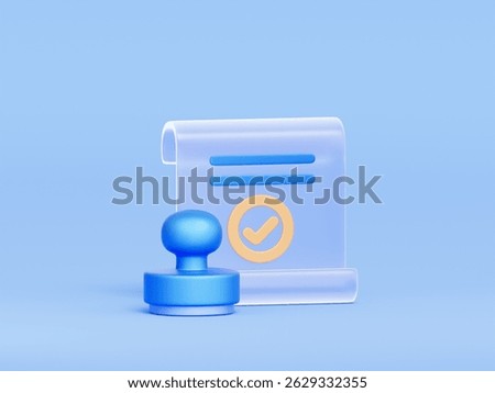 3D icon of certified document with stamp, representing legal banking records and verified contracts.