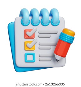 3D icon of a clipboard with checkboxes, symbolizing task tracking, to-do lists, and productivity planning.