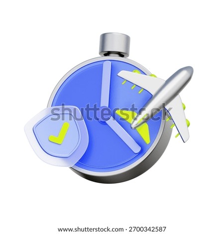 3D icon of a clock and airplane with a security shield checkmark For on-time flight guarantee programs, travel schedule protection, flight delay insurance, and punctual travel assurance.