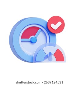 3D icon of a clock with a progress gauge. For performance tracking, time monitoring, efficiency measurement, and completion status.