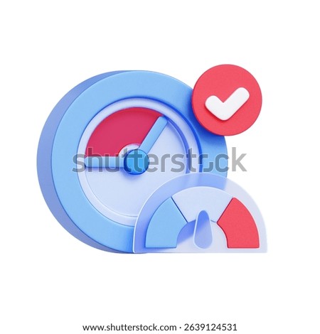 3D icon of a clock with a progress gauge. For performance tracking, time monitoring, efficiency measurement, and completion status.