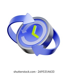 3D icon of a clock with rotating arrows For recurring payments, subscription renewals, automatic billing cycles, and managing payment schedules.