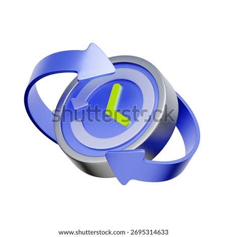 3D icon of a clock with rotating arrows For recurring payments, subscription renewals, automatic billing cycles, and managing payment schedules.