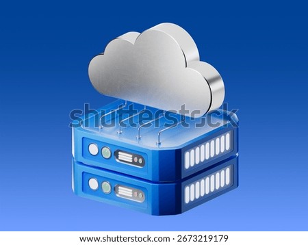 3D icon of a cloud connected to stacked servers, symbolizing cloud computing, online hosting, and data storage solutions.