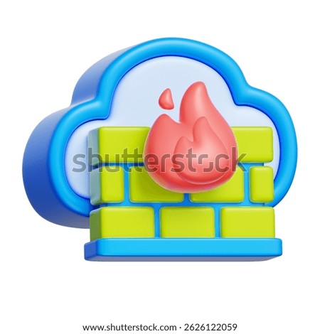 3D icon of a cloud protected by a firewall with flame, symbolizing secure cloud access and network protection.