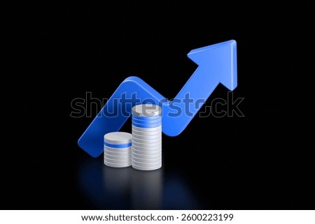 3d icon of coins stack with arrow. simple Financial growth and banking concept on black background.