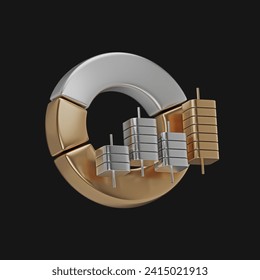 The 3D icon combines Japanese candle, pie chart, and trading symbols, representing success, innovation, and financial growth. It features a realistic metal texture design. 3D Illustration