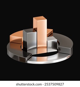 3D icon combines Japanese candle, pie chart, and trading symbols, representing success, innovation, and financial growth on black background. It features a realistic metal texture design. 3D render