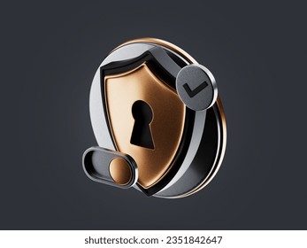 3d icon, composition showing security and reliability. Shield and interface symbol. 3D rendering of a metallic golden texture. 3D Illustration