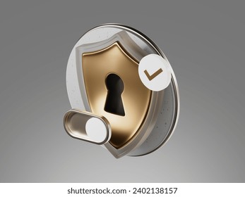 3d icon, composition showing security and reliability. Shield and interface symbol. 3D rendering of a metallic golden texture.