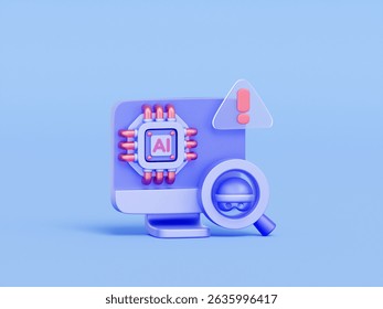 3D icon of computer with AI chip, hacker icon, and warning sign, for cybersecurity monitoring, AI-driven threat detection, fraud analysis, and online security.
