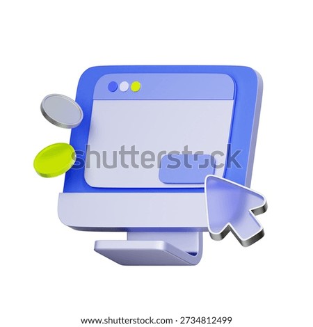 3D icon of a computer with cursor clicking on a coin with a percentage sign For cost per click analytics, paid search advertising, ad performance tracking, and digital marketing budget.