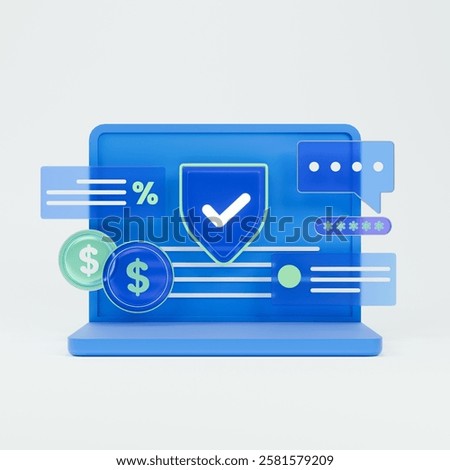 3d icon of computer laptop featuring financial analytics with clipping path on a grey background.