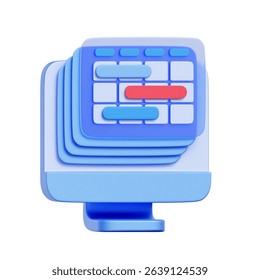 3D icon of a computer monitor with a calendar or schedule interface. For online scheduling, appointment booking, digital planning, and time management software.
