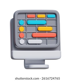 3D icon of a computer screen with color-coded bars, representing project timelines and task scheduling.