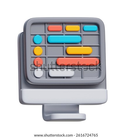 3D icon of a computer screen with color-coded bars, representing project timelines and task scheduling.