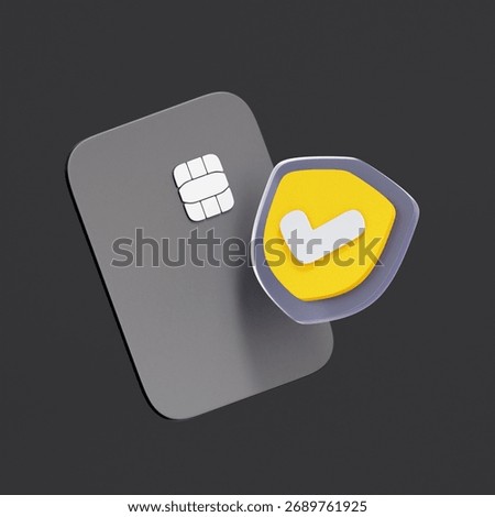 3D icon of a credit card with a security shield For secure payments, financial protection, fraud prevention, and safe online shopping.
