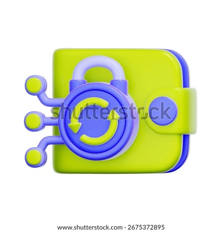 3D icon of a crypto wallet with a synchronization lock For wallet synchronization, account recovery, updating balance, blockchain sync.