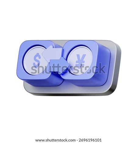 3D icon of a currency exchange interface with dollar and yen coins For foreign exchange rates, currency conversion, international money transfer, and forex trading.