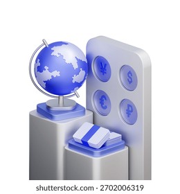 3D icon of a currency selection interface with a globe and cards For global currency exchange, forex trading platforms, managing international currencies, and multi-currency accounts.