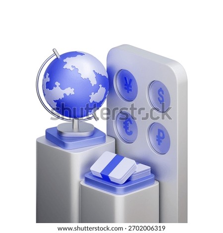3D icon of a currency selection interface with a globe and cards For global currency exchange, forex trading platforms, managing international currencies, and multi-currency accounts.