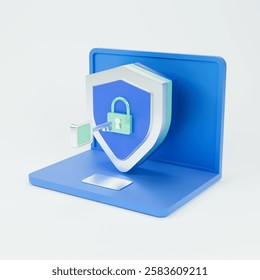 3d icon cyber security featuring a padlock and key with clipping path on a grey background.