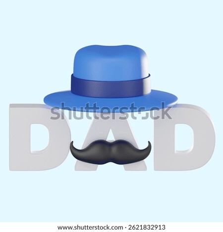 3D icon of "Dad" in elegant typography mustache with hat details, symbolizing love and appreciation. Ideal for father's Day, heartfelt gifts, and decorative designs.