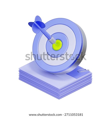 3D icon of a dartboard with a document stack For financial goal setting, target achievement, business objective, and success plan.