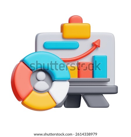 3D icon of a dashboard with pie chart and documents, representing business data analysis and strategy review.