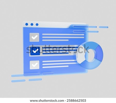 A 3D icon of a data analytics dashboard displayed on a web interface.