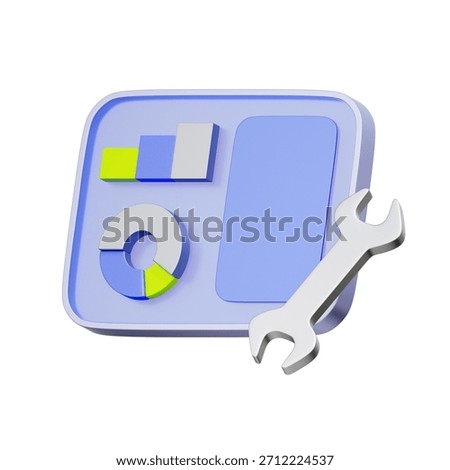 3D icon of a data dashboard with charts and a wrench For customizable dashboard, analytics setup, personalized reporting, and configuration tool.