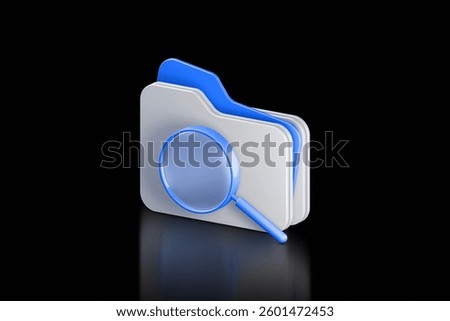 3d Icon of data folder with magnifying glass isolated on black background