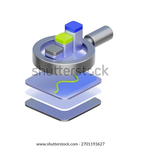 3D icon of data layers with a bar chart under a magnifying glass For business financial analysis, reviewing expense reports, auditing company data, and performance investigation.