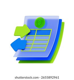 3D icon of a data table with up and down arrows. with a money bag. For financial tracking, income and expense management, cash flow analysis, and budget monitoring.