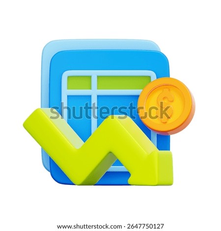 3D icon of a data table with a downward arrow and a dollar coin. For expense tracking, cost reduction, financial loss analysis, and budget cuts.