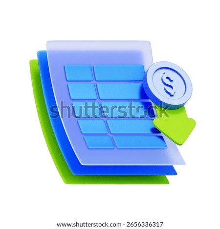 3D icon of a data table with a downward arrow and a dollar coin. For expense tracking, cost reduction, financial loss analysis, and budget cuts.