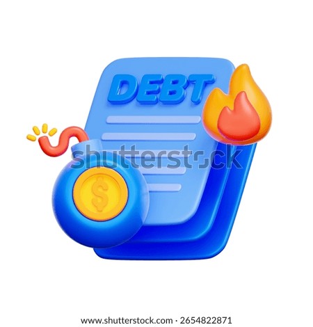 3D icon of a debt document with a burning bomb For debt bomb explosion, sovereign debt crisis, loan default risk, financial emergency.