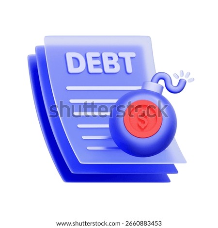 3D icon of a debt document with a burning bomb For debt bomb explosion, sovereign debt crisis, loan default risk, financial emergency.