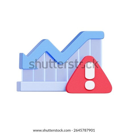 3D icon of a declining bar graph with a warning triangle. For economic downturn, market volatility, financial loss, and investment risk.
