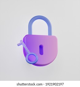 3D Icon Design Purple Gradient Security Secure Safety Lock With The Unlock Key.