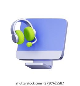 3D icon of a desktop computer with headset for online support, help desk service, call center assistance, and virtual consultation.