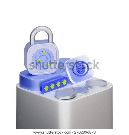 3D icon display of security elements like padlock, PIN, and scan For multi-factor authentication, layered security protocols, secure account login verification, and financial data protection.
