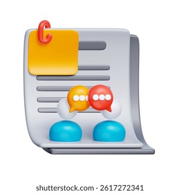3D icon of a document with comment bubbles and note clip, representing team communication and meeting logs.