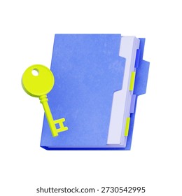 3D icon of a document folder with key for data protection, confidential service, and legal document management