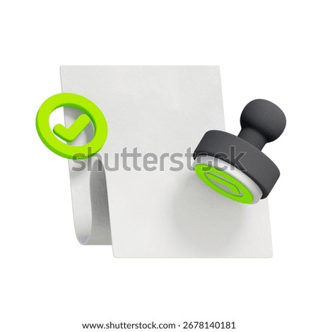 3D icon of a document with a rubber stamp and checkmark For loan approval, contract agreement, certified document, official permit, and financial verification.
