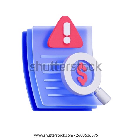 3D icon of a document with a warning sign and magnifying glass For financial fraud investigation, scam detection, fraudulent documents, and auditing money laundering.